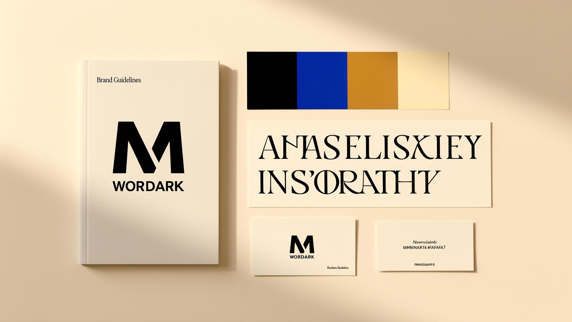 A complete BrandHub deliverable: brand guidelines book, color system, typography specimen and business cards laid flat.